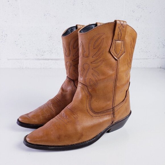 VTG Sandra Miller Womens 7.5 Leather Western Boots Tan Mid-Calf Embroide… - Picture 2 of 10